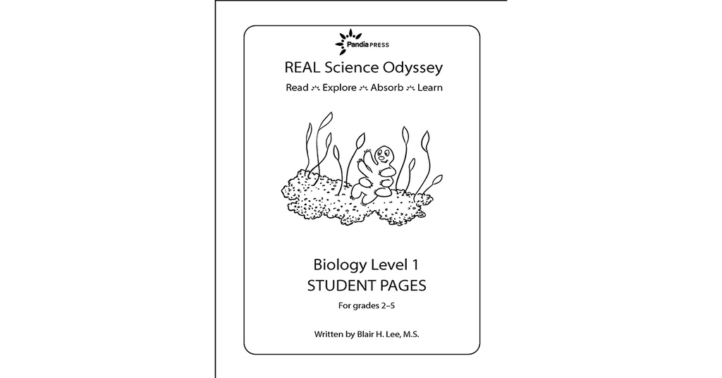 Cover of 'Real Science Odyssey' biology level 1 student pages with a tardigrade and plants illustration.