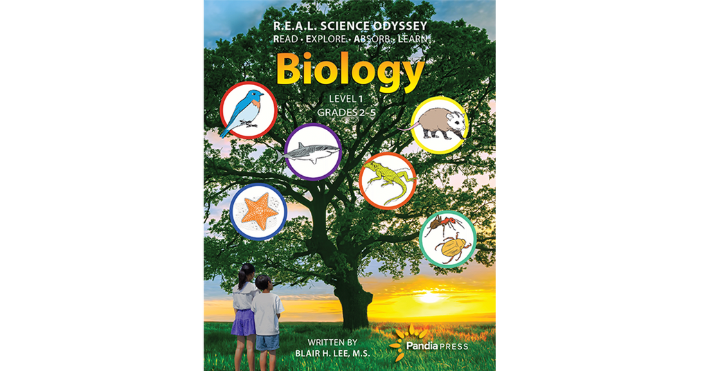 Book cover of 'Biology' Level 1 for grades 2-5, featuring a tree with animal illustrations and two children looking at nature.