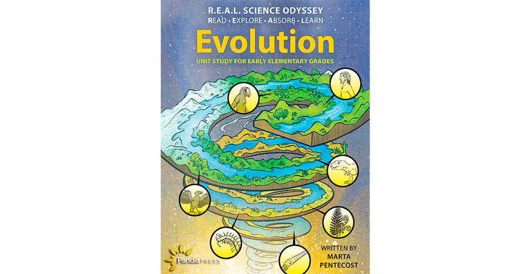 Book cover of 'Evolution' unit study for early elementary grades with a colorful illustration of a river and landscape.