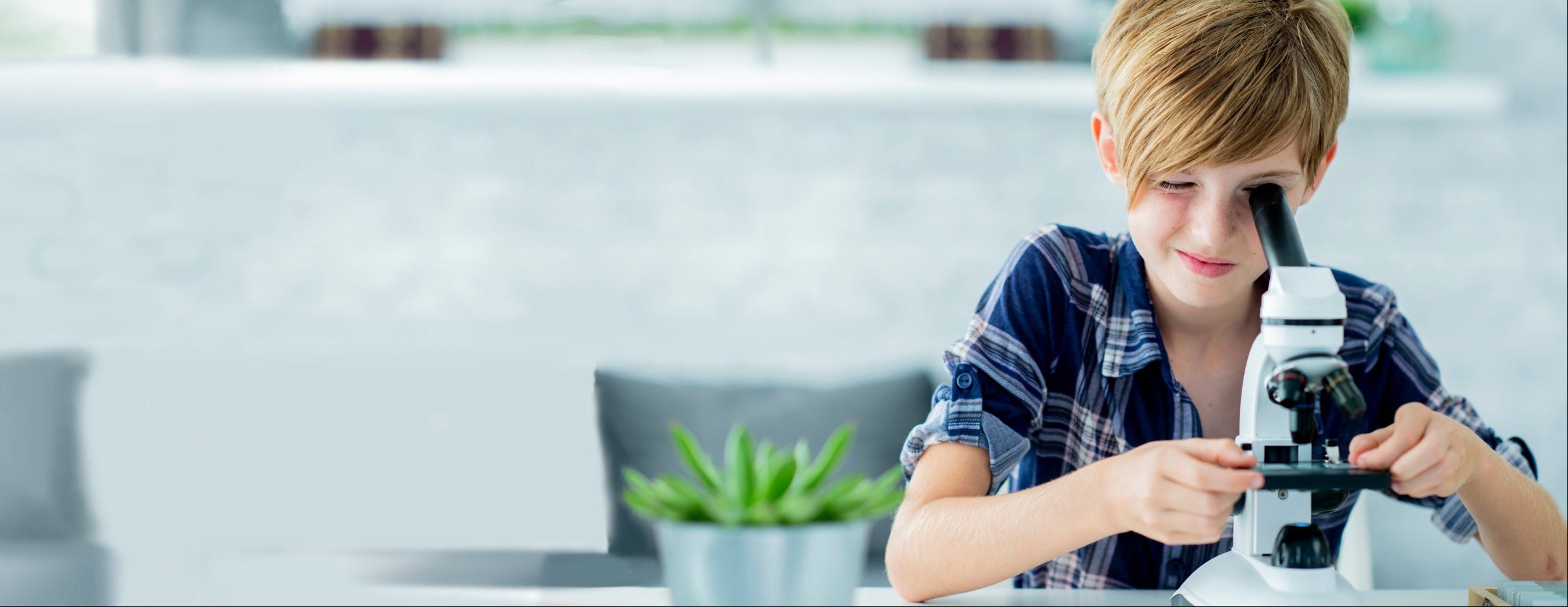 Young person using a microscope in a bright room with plants and chairs.